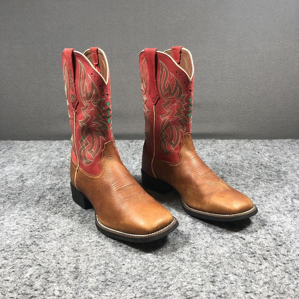 Tony Lama RR2114L Cowboy Boots Womens 10B Brown Red Leather Square Toe Western